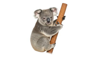 A koala bear clinging to a tree branch, isolated on transparent background