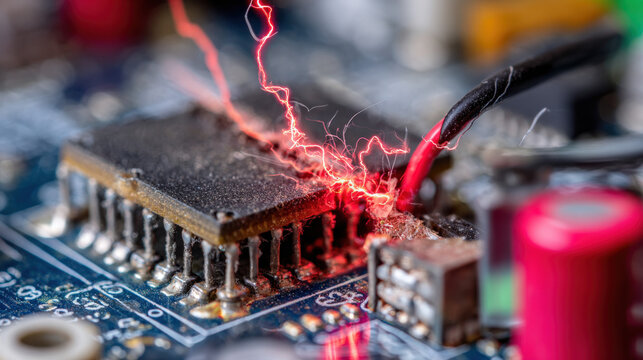 Macro close-up of smoking CPU with red glowing cracks and sparks on motherboard showing severe hardware malfunction