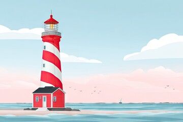 Fototapeta premium Colorful lighthouse illustration on a tranquil shoreline.