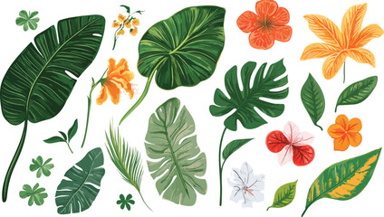 Vibrant tropical botanical collection featuring lush green leaves and exotic colorful flowers