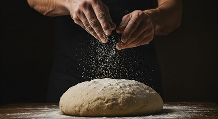 Fototapeta premium Artisan Baker's Hands Sprinkling Flour Over Freshly Made Dough Preparing for Baking in a Rustic Kitchen Setting