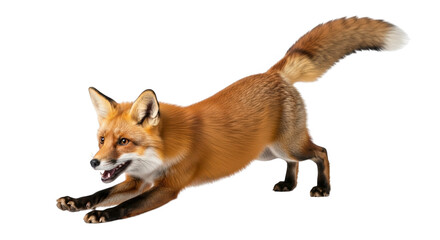 Obraz premium A red fox with a bushy tail leaps forward in a dynamic pose, its mouth open and ears alert, captured midaction against a stark transparent background, highlighting its agility and wild nature