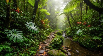 Fototapeta premium Lush tropical rainforest path with sunlight 