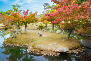 Japanese garden with bench wood chair island with autumn foliage and peaceful pond reflection at...