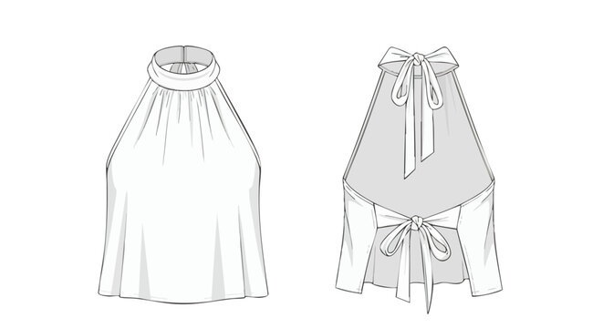 Technical sketch illustration of a sleeveless halter top with gathered neckline and back tie detail showcased from front and back views