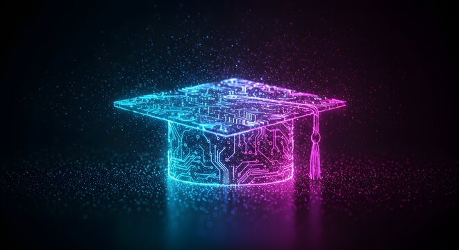 Digital graduation concept futuristic mortarboard with data network and technology glow