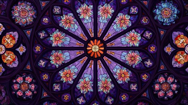 A detailed stained glass window design showcases intricate floral patterns in vibrant hues against a deep purple background.