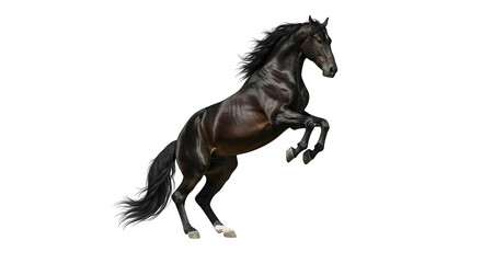 A powerful black stallion rearing up on its hind legs, displaying its muscular physique and flowing mane, isolated on a pure transparent background, symbolizing strength and freedom