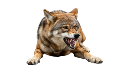 A fierce wolf with bared teeth and an aggressive snarl, captured in a lowangle shot with its fur detailed, isolated on a stark transparent background, conveying wildness and danger