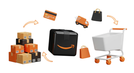 3D rendering illustrating the e-commerce process from order to delivery, featuring packages, a shopping cart, credit card, and delivery truck.