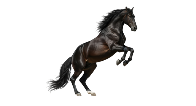 A powerful black stallion rearing up on its hind legs, displaying its muscular physique and flowing mane, isolated on a pure transparent background, symbolizing strength and freedom