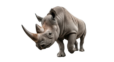 Fototapeta premium A powerful rhinoceros walking forward with its horn prominent, isolated on a transparent background, emphasizing its thick skin and sturdy build