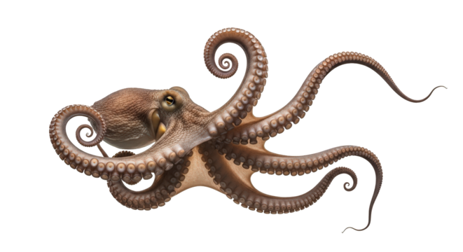 A detailed illustration of an octopus with its tentacles gracefully curved, isolated on a transparent background, showcasing its unique texture and form