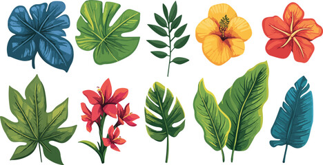 Vibrant collection of tropical leaves and flowers in assorted colors and shapes