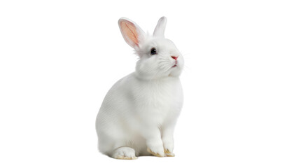 Obraz premium A cute fluffy white rabbit sitting and looking to the side, isolated on transparent background
