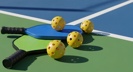 Close-Up of Pickleball Paddles and Balls on the Court, Ideal for Showcasing the Excitement and Spirit of Pickleball Sports Activities