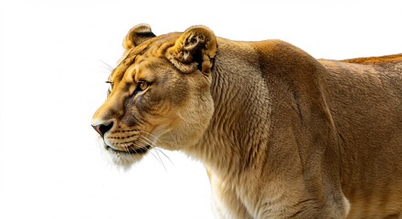 Fototapeta premium Lionne majestueuse regarde loin lumiere douce fond blanc. AI Generated