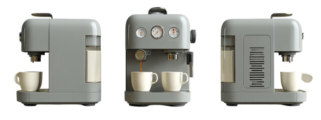 Gray coffee machine with cups, showing three different views