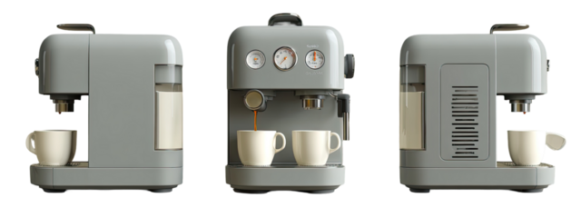 Gray coffee machine with cups, showing three different views