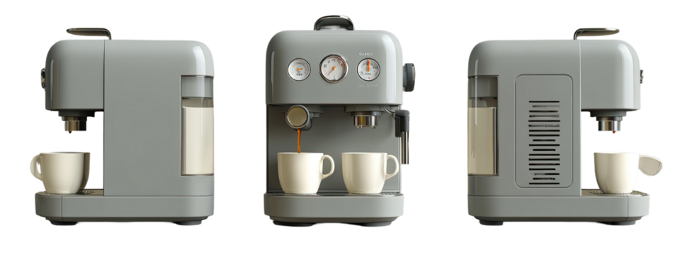 Gray coffee machine with cups, showing three different views