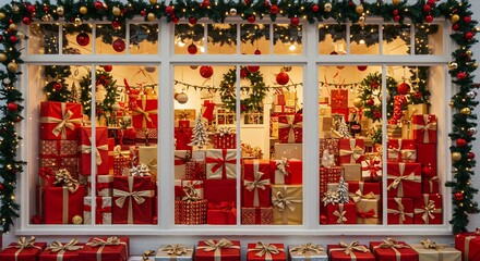 Fototapeta premium Vitrine Noel chaleureuse Lumineuse nombreux cadeaux rouges ornements scintillants. AI Generated