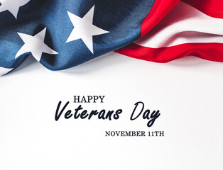 Veterans Day. American Flag and congratulatory inscription. No people. Closeup, top view. National holiday concept. Congratulations for family, relatives, friends and colleagues