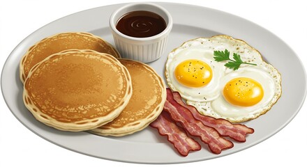 Petit dejeuner copieux oeufs bacon pancakes lumiere chaude appetissante. AI Generated