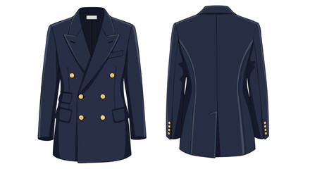 Naklejka premium Elegant navy double-breasted blazer with front and back views showcasing its classic design and impeccable tailoring, featuring gleaming gold buttons