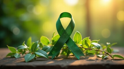 Green awareness ribbon with foliage green ribbon awareness symbol