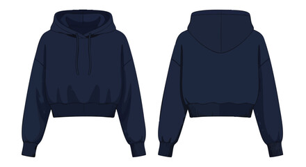 Front and Back View of a Stylish Navy Blue Cropped Hoodie, Perfect for Casual Wear and Fashion Designs