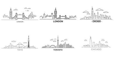 Illustrated World City Skyline Collection Featuring Iconic Landmarks and Recognizable Structures from London, Chicago, Tokyo, and Toronto
