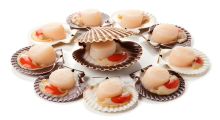 A circular arrangement of fresh raw scallops in their shells, with one open in the center, isolated on a white background.
