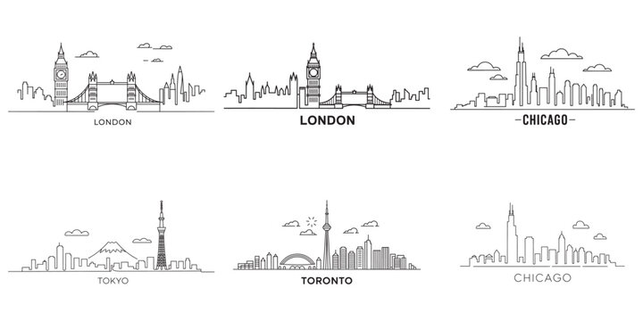 Illustrated World City Skyline Collection Featuring Iconic Landmarks and Recognizable Structures from London, Chicago, Tokyo, and Toronto