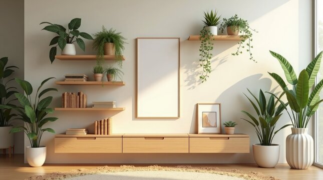 Green plants and wooden shelves interior home decor - Powered by Adobe