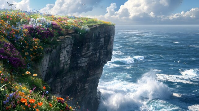 A dramatic coastal cliff with wildflowers growing along the edge and crashing waves below 
