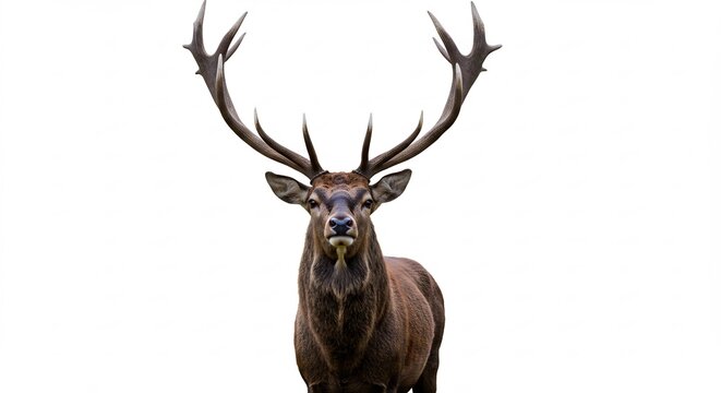 Cerf majestueux pose fi�rement fond blanc lumi�re douce. AI Generated