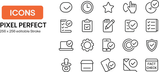 Checklist icons, task management symbols, document verification signs, clock and time icons, productivity tools, pixel perfect vector, editable stroke, office icons