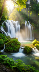 Obraz premium A majestic waterfall cascades down moss-covered rocks, bathed in the warm glow of sunlight filtering through the lush green forest canopy.