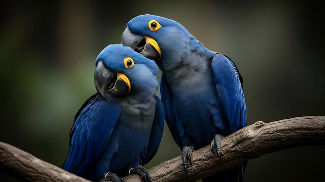 Two beautiful blue hyacinth macaws perched closely together on a tree branch in a natural setting