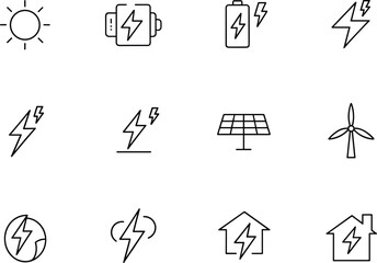 Energy power icon set, electricity symbol, solar panel, wind turbine, battery charge, renewable energy, eco house, green energy illustration vector