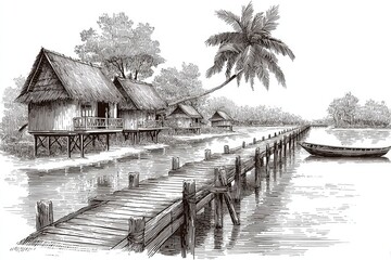Tranquil scene of stilt houses and a wooden pier by a river.
