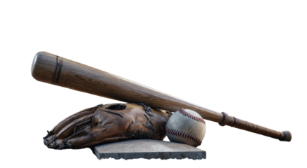 Baseball bat, glove, and ball on a stone base.  A still life