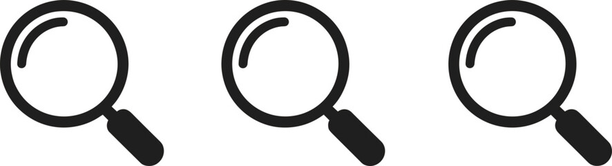 Magnifying glass icon set, search symbol collection, zoom tool graphic illustration, black silhouette, vector design for web, digital, business, research