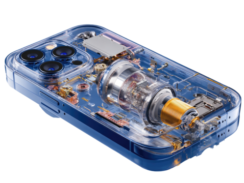 Transparent phone case, internal components visible