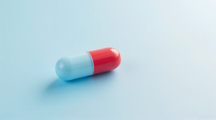 Macro shot of a colorful capsule pill on a light blue background medicine concept minimal and