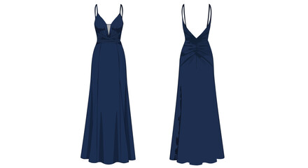Elegant blue evening gown showcased front and back views, ideal for formal events and special occasions, highlighting the gown's design and flow