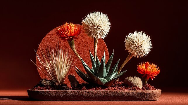 Spiky xerophytic plants with sandy soil and dry grass, minimalist desert landscape element for architectural renderings  