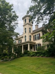 Historic victorian house with tower in suburban landscape architectural photography daylight view