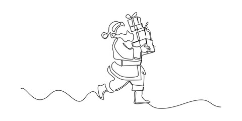 Continuous line drawing Santa Claus carrying a stack of Christmas gifts while walking. Minimalist one line art illustration for festive holiday, Xmas greeting cards, and Christmas design elements.