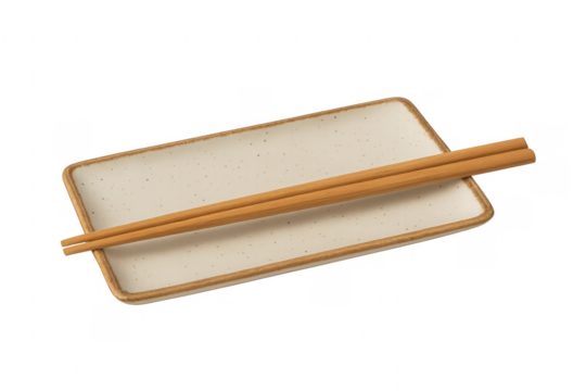 Wooden chopsticks resting on empty rectangular plate with transparent background